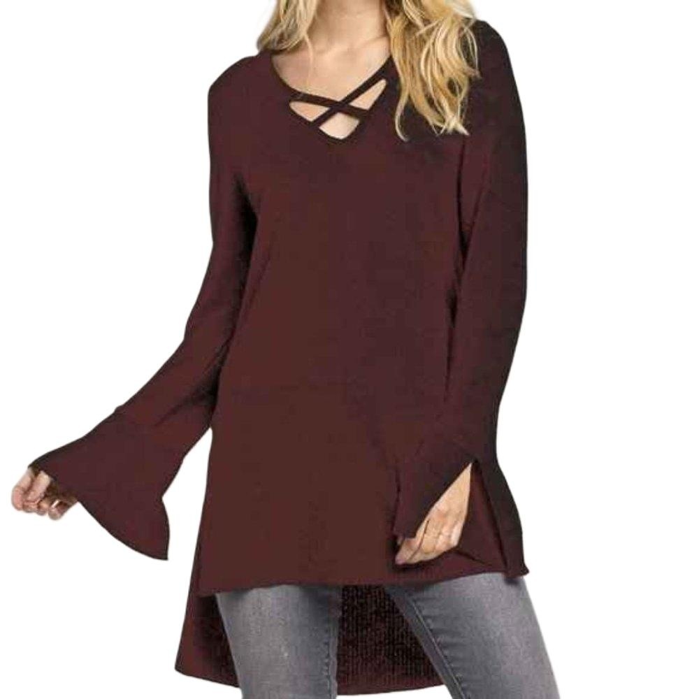 Free People Angi Crisscross V-Neck Tunic‎ Maroon Sweater XS